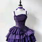 Dark Purple Ball Gown Spaghetti Straps Satin Tiered Mini Short Homecoming Dress 18th Birthday Outfits C5248