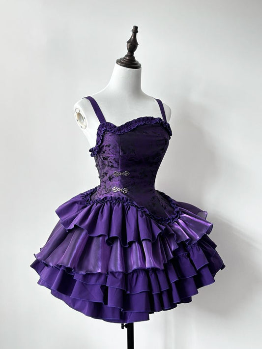 Dark Purple Ball Gown Spaghetti Straps Satin Tiered Mini Short Homecoming Dress 18th Birthday Outfits C5248