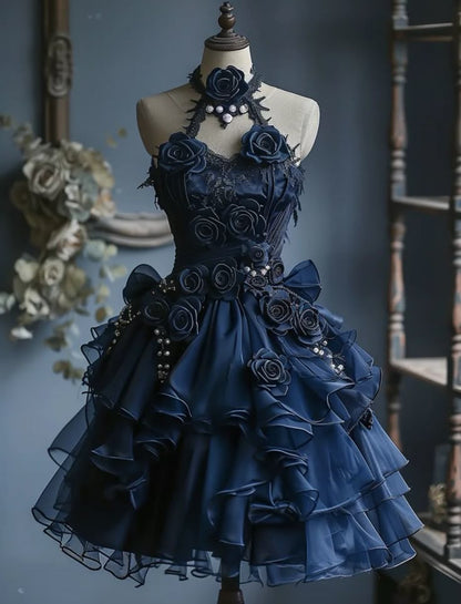 Vintage Ball Gown Halter Satin Chiffon With Flowers Short Homecoming Dress 20th Birthday Outfits C5251