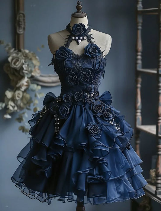 Vintage Ball Gown Halter Satin Chiffon With Flowers Short Homecoming Dress 20th Birthday Outfits C5251