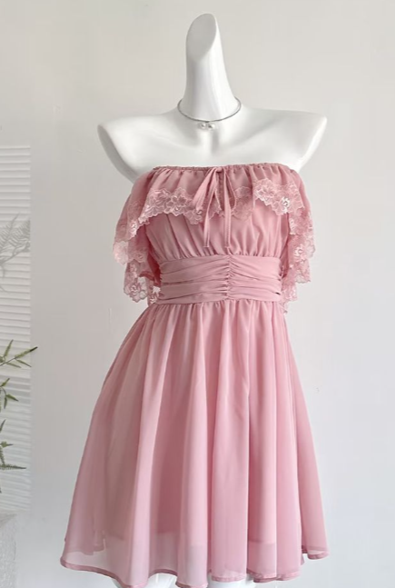Cute A Line Strapless Chiffon Lace Short Homecoming Dress 18th Birthday Outfits C5255