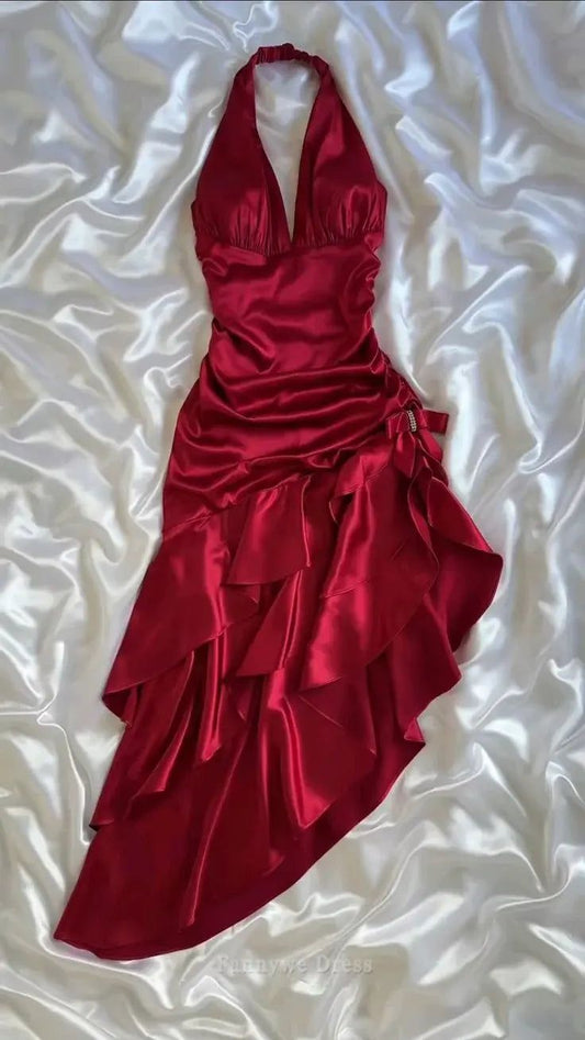Elegant A Line Halter Burgundy Satin Short Homecoming Dress 19th Birthday Outfits C5260