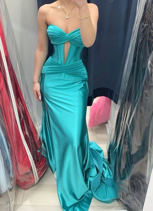 Robe de bal longue plissée en satin, décolleté en cœur, style sirène sexy, C5265