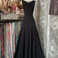 Robe de bal longue en satin noir, coupe trapèze, col en V, modeste, C5266