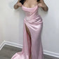 Robe de bal longue rose sirène sans bretelles plissée en satin fendue C5267