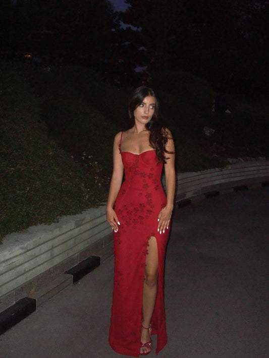 Robe de bal longue en satin bordeaux, style sirène, bretelles spaghetti, avec appliques et fente, C5268