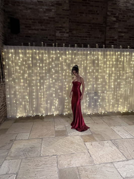Robe de bal longue en satin bordeaux, style sirène, sans bretelles, C5269