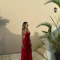 Robe de bal élégante bordeaux sirène à bretelles spaghetti en satin longue, robe de soirée C5273