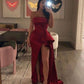 Robe de bal longue en satin bordeaux, coupe trapèze, sans bretelles, élégante, C5275