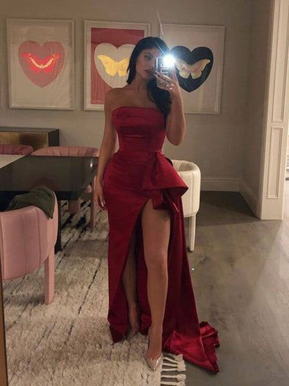 Robe de bal longue en satin bordeaux, coupe trapèze, sans bretelles, élégante, C5275