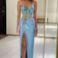 Superbe robe de bal longue en satin plissée, décolleté en cœur, style sirène, avec fente et perles, C5276