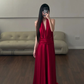 Robe de bal longue en satin bordeaux élégante, coupe trapèze, dos nu, C5278