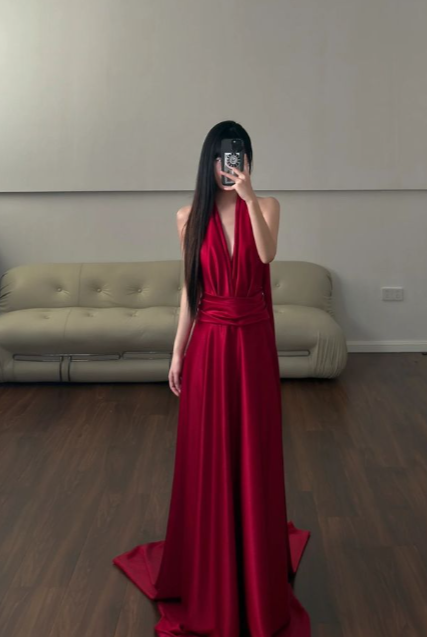 Robe de bal longue en satin bordeaux élégante, coupe trapèze, dos nu, C5278
