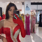 Robe de bal longue rouge sexy style sirène, asymétrique épaule dénudée, manches longues, en satin, perles, fendue, C5279
