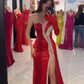 Robe de bal longue rouge sexy style sirène, asymétrique épaule dénudée, manches longues, en satin, perles, fendue, C5279