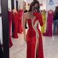 Robe de bal longue rouge sexy style sirène, asymétrique épaule dénudée, manches longues, en satin, perles, fendue, C5279