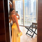 Robe de bal longue jaune sirène à bretelles spaghetti en satin dos nu C5280