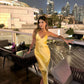 Robe de bal longue jaune sirène à bretelles spaghetti en satin dos nu C5280