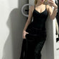 Robe de bal longue en satin noir à bretelles spaghetti et style sirène modeste C5282