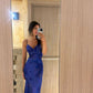 Robe de bal longue en satin à bretelles spaghetti et sirène unique C5284