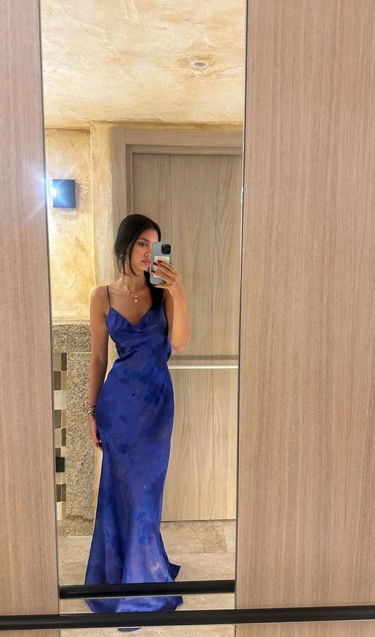 Robe de bal longue en satin à bretelles spaghetti et sirène unique C5284