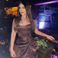 Brown Mermaid Strapless Satin Pleated Short Homecoming Dress 19th Birthday Outfits C5286