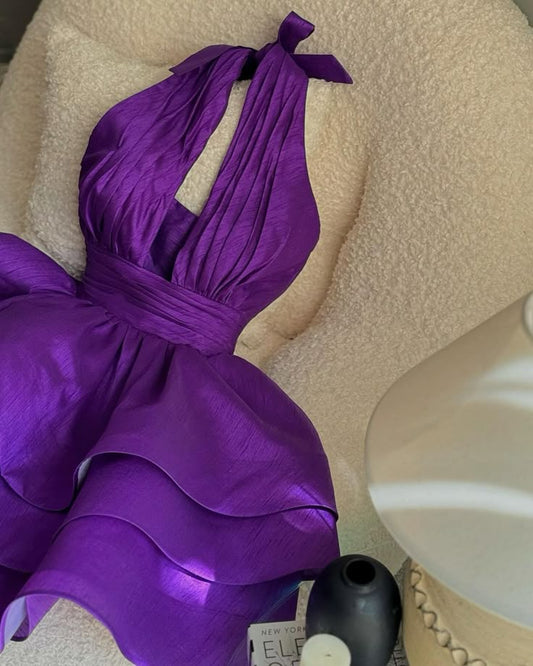 Dark Purple A Line Halter Satin Short Homecoming Dress 18th Birthday Outfits C5289