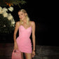 Pretty Mermaid Spaghetti Straps Pink Satin Short Homecoming Dress 19th Birthday Outfits C5306