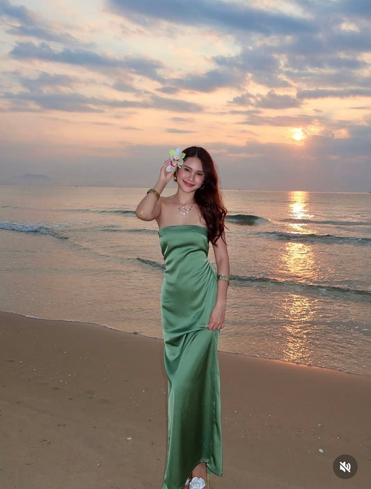 Robe de bal longue en satin vert, simple, style sirène, sans bretelles, C5320