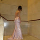 Robe de bal longue en satin rose clair, style sirène, bretelles spaghetti, paillettes, robe de soirée C5323