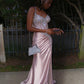 Superbe robe de bal longue rose sirène à bretelles spaghetti plissée en satin fendu avec paillettes et perles C5324