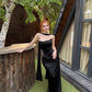 Robe de bal longue en satin noir, élégante, style sirène, sans bretelles, C5346