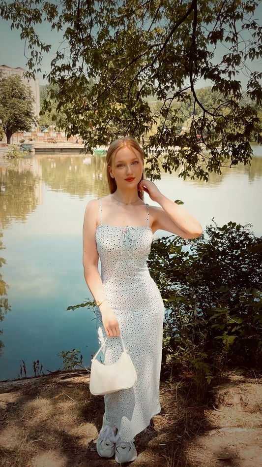 Robe de bal longue en satin à pois et bretelles spaghetti, style sirène, C5350
