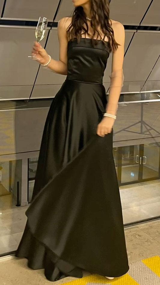 Robe de bal longue en satin noir, élégante, coupe trapèze, sans bretelles, C5356