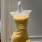 Robe de bal trapèze en satin jaune à col licou et ourlet à volants, robe de soirée C5357