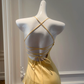 Robe de bal trapèze en satin jaune à col licou et ourlet à volants, robe de soirée C5357