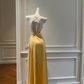 Robe de bal trapèze en satin jaune à col licou et ourlet à volants, robe de soirée C5357
