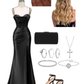 Robe de bal longue en satin plissé, style sirène, noire, bretelles spaghetti, fente latérale, C5358