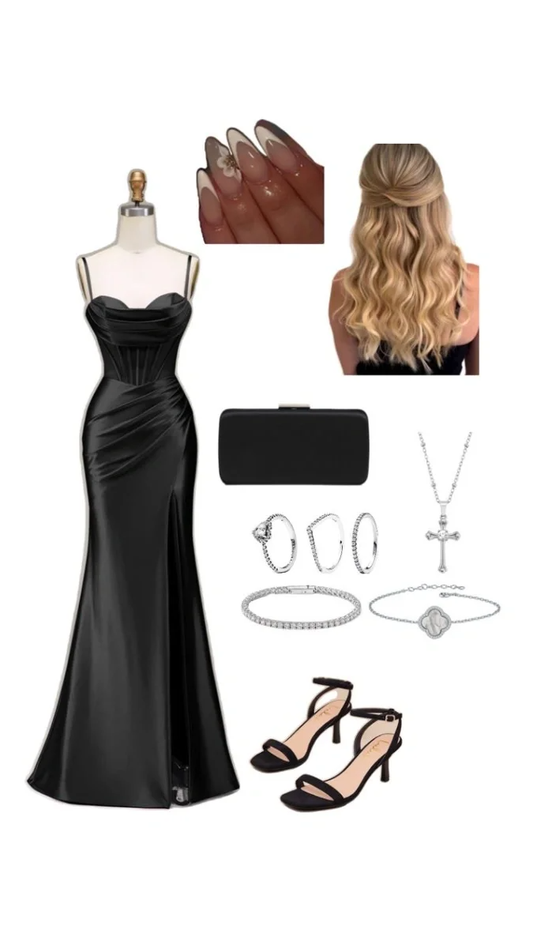 Robe de bal longue en satin plissé, style sirène, noire, bretelles spaghetti, fente latérale, C5358
