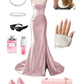 Robe de bal longue en satin plissé rose, style sirène, sans bretelles, fendue, simple, C5359