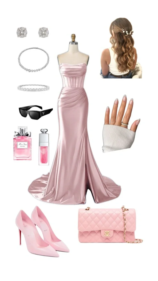 Robe de bal longue en satin plissé rose, style sirène, sans bretelles, fendue, simple, C5359