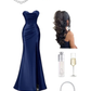 Robe de bal longue bleu marine en satin plissé, décolleté en cœur, style sirène, fendue, C5360