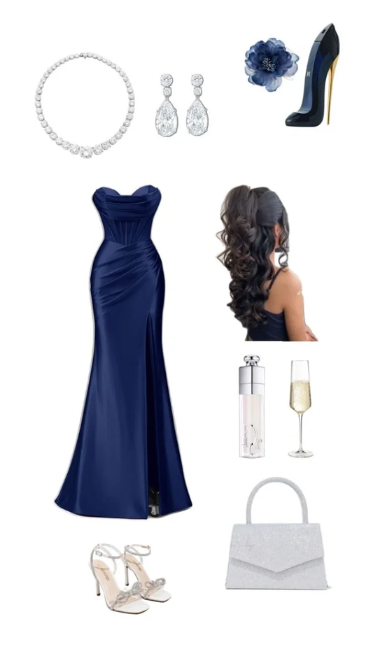 Robe de bal longue bleu marine en satin plissé, décolleté en cœur, style sirène, fendue, C5360