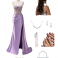 Robe de bal longue en satin plissé lilas à bretelles spaghetti et appliques fendues, style sirène, C5361