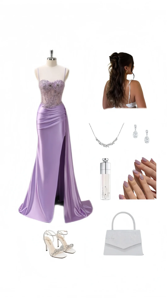 Robe de bal longue en satin plissé lilas à bretelles spaghetti et appliques fendues, style sirène, C5361