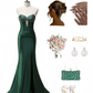 Robe de bal longue en satin vert foncé, style sirène, décolleté en cœur, fente latérale, C5362