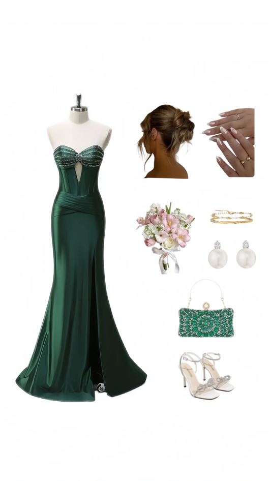 Robe de bal longue en satin vert foncé, style sirène, décolleté en cœur, fente latérale, C5362