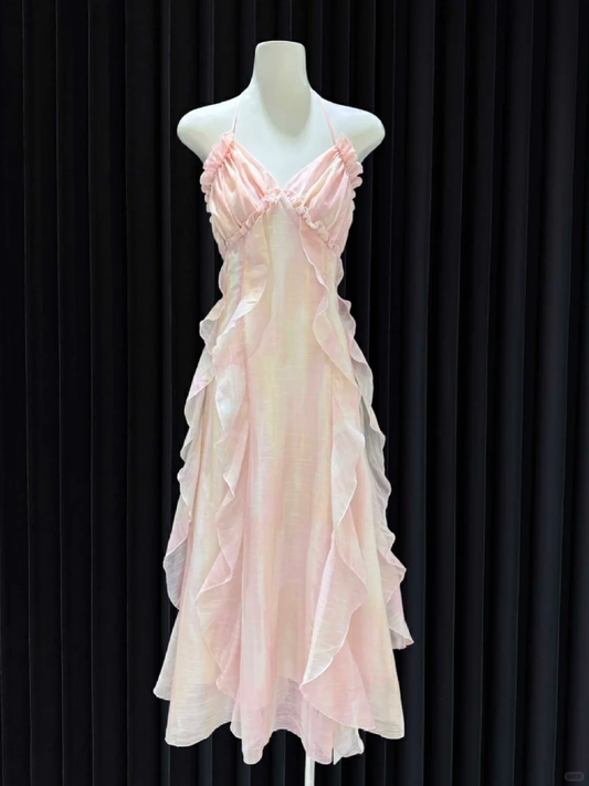 Robe de bal longue en satin à volants et dos nu, coupe A-line, unique, C5363
