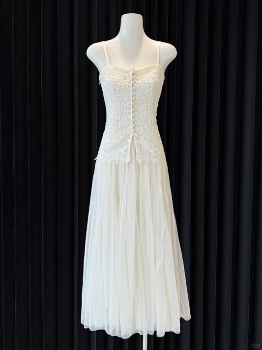 Robe de bal longue en mousseline de soie et dentelle, élégante, coupe trapèze, bretelles spaghetti, C5366