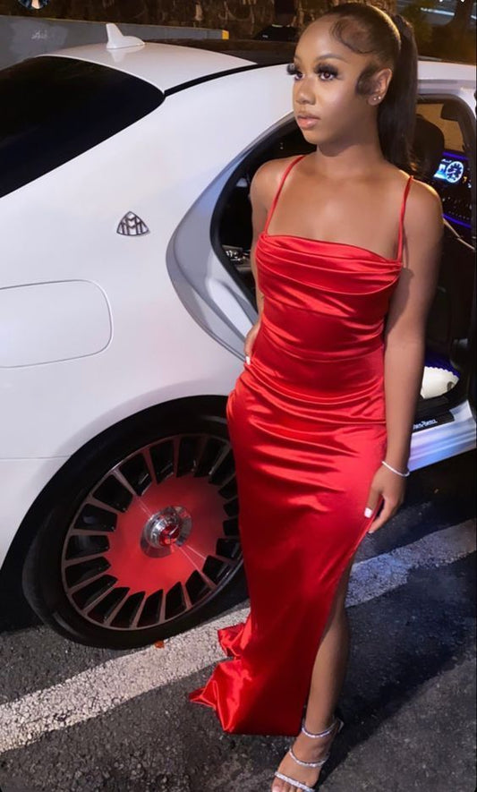 Robe de bal longue en satin à bretelles spaghetti et fentes, style sirène chic, C5367